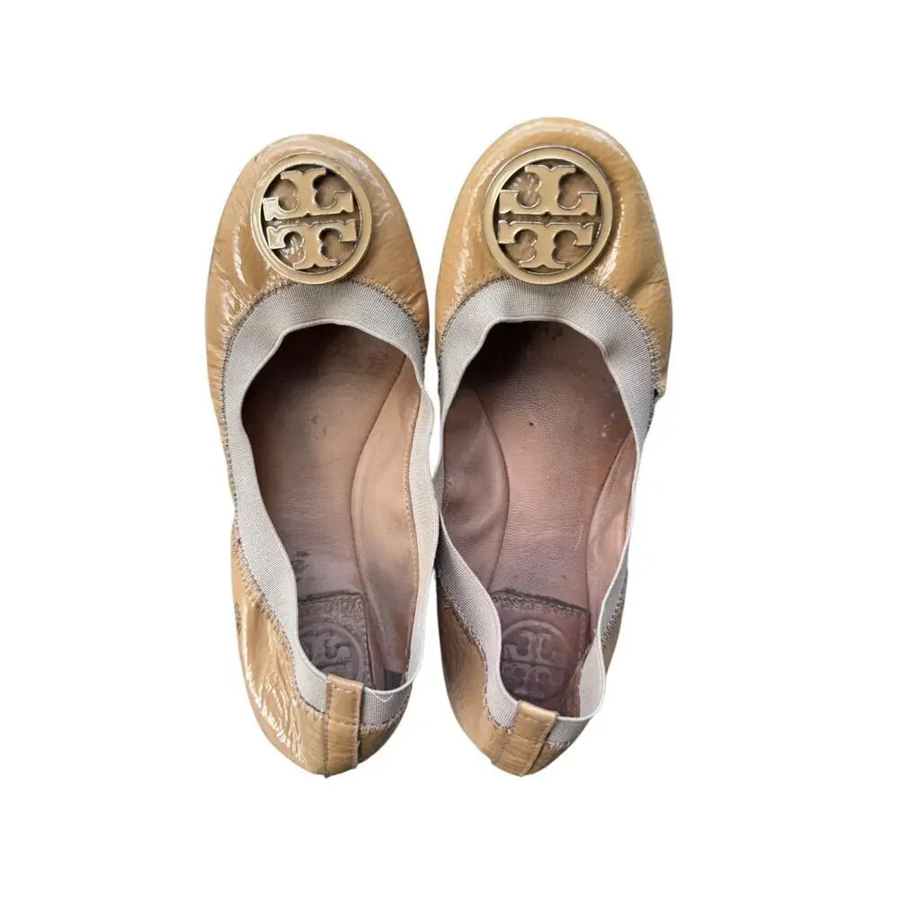 Tory Burch Caroline Ballet Flats Brown Patent Leather Logo‎ Size 5 M Pre-Owned